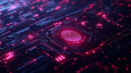 Poster - A cyber-tech fingerprint scanner glowing on a dark digital background, symbolizing personal data security and identity verification