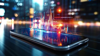 Poster - Visual representation of stock market trends on a smartphone at night in an urban setting