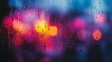 Aufkleber - Wet glass beads reflect bright city lights, creating an abstract display of colors. Raindrops trickle down the window, blurring the bustling scene outside, embraced by a cozy ambiance