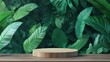 © Sona - Wooden podium on table against green leafy background for design mockup