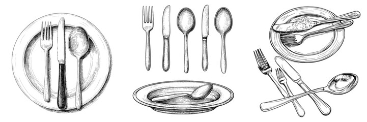 Poster - A hand-drawn, modern set of tableware, including a vintage knife, fork, spoon, and dishes, is depicted in a sketch engraving style