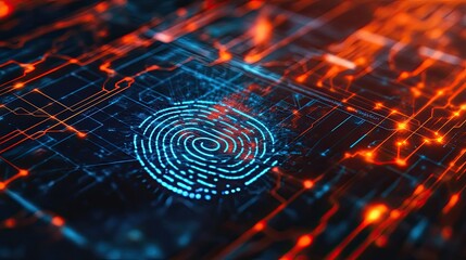 Poster - A digital representation of cybersecurity with a fingerprint scanner overlayed on a glowing cyber network background