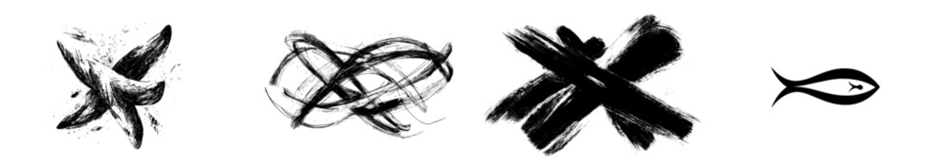 Hand-drawn fish outlines created with a coarse brush, exemplifying a grunge icon, symbol, or logo, rendered in sketch, watercolor, paint, or ink