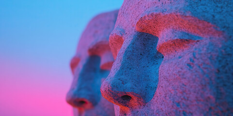 Poster - Close-up of Two Stone Busts with Pink and Blue Lighting