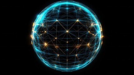 Fototapete - Futuristic glowing blue wireframe sphere with an interconnected grid of illuminated points representing a digital network technology or intelligence system