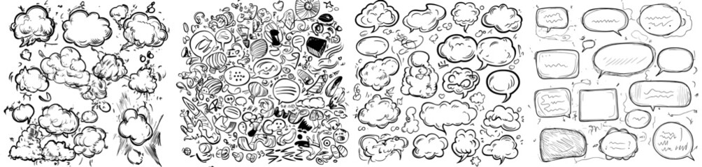 Poster - A collection of speech bubbles arranged on a transparent grid, suitable for doodles or cartoons, featuring sketch drawings and call-outs, ideal for communication design elements