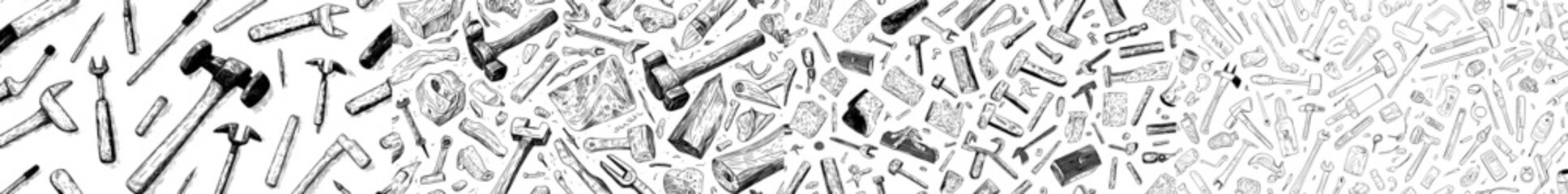 Poster - A handyman's tool is depicted in a hand-drawn outline, presented as a modern object isolated on a white background, created with a felt-tip pen and ink on paper, showcasing universal tools in a