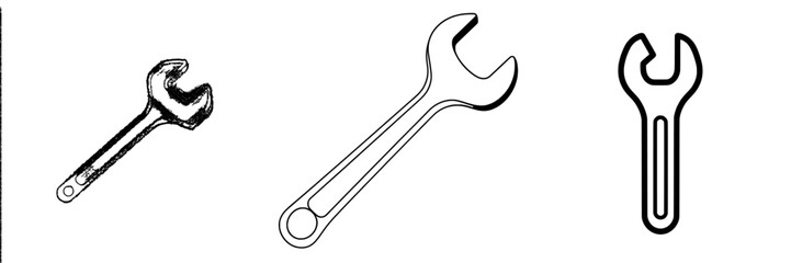 Poster - A wrench is depicted in a hand-drawn graphic style, presented as a vintage modern engraving illustration suitable for posters or web use, set against a white background