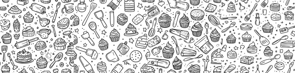 A seamless pattern featuring hand-drawn baking and cooking tools, including a mixer, cake, spoon, cupcake, and scale, is presented in a doodle sketch style suitable for textile, background, or