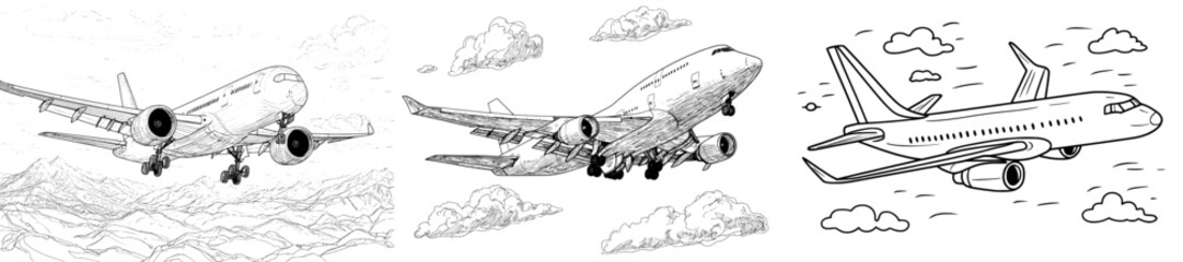 A modern sketch illustration depicts a plane flying in the sky, incorporating elements of air travel and tourism in a hand-drawn, isolated design