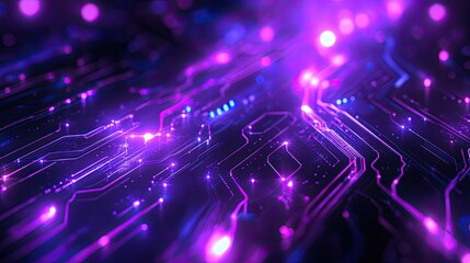 Poster - A dynamic abstract background with futuristic purple circuits and glowing lines, representing modern technology and innovation