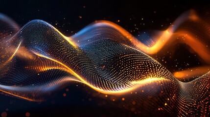 Fototapete - Mesmerizing abstract image featuring dynamic waves of luminous particles and golden glowing lines creating a captivating futuristic and technological atmosphere