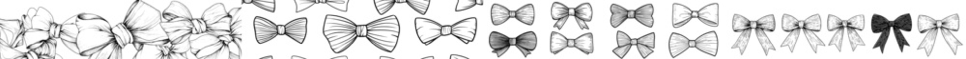A collection of contemporary outline bows and ribbons, featuring doodles and coloring book-style hand drawings, ideal for Easter, Christmas, birthday, and Valentine's Day, with a design suited for