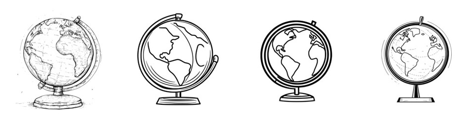 Poster - A hand-drawn illustration of a school globe on a stand, used for educational purposes in studying geography, isolated on a white background in black and white