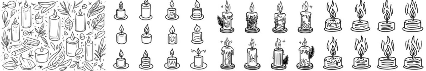 Poster - A hand-drawn modern illustration of candles in doodle style, suitable for Christmas or birthday designs, featuring a simple contour drawing for an icon or logo on a white isolated background with a