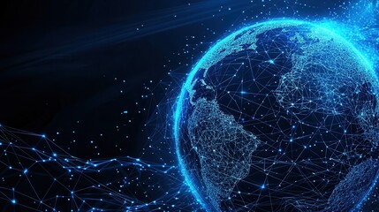 Fototapete - A futuristic of a worldwide digital network represented as a wireframe globe with interconnected nodes and glowing blue energy lines symbolizing global connectivity and technological advancement