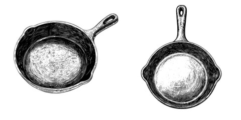 metal pan depicted in a vintage woodcut engraving style modern illustration