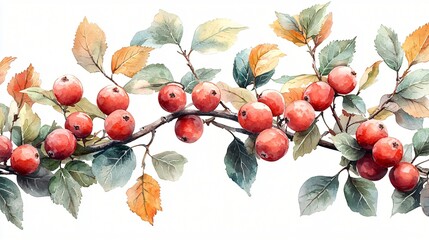 Wall Mural - Autumn Branch with Apples; Watercolor Art