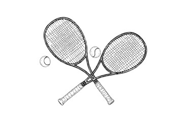 this hand-drawn artwork depicts two tennis rackets crossed over a tennis ball in intricate black and