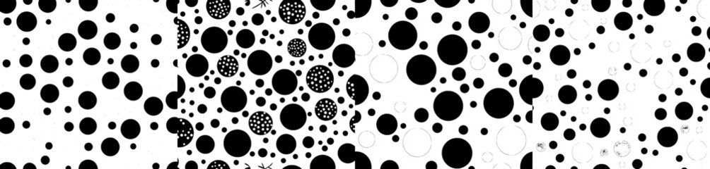 A white background features random black dots, along with a seamless polka dot pattern suitable for fabric printing
