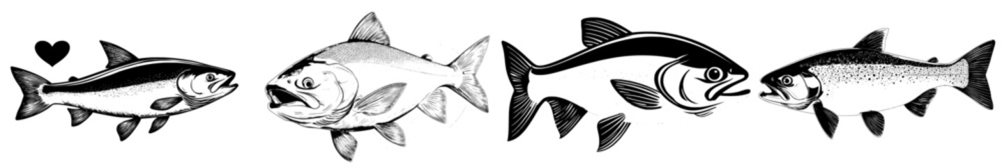 A modern illustration of herring in monochrome black and white is depicted, alongside Atlantic fish Shad in a linear sketch that is hand drawn, as well as sardine and smelt sea fish created using