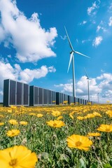 Wall Mural - a field of wind turbines surrounded by hydrogen storage tanks.