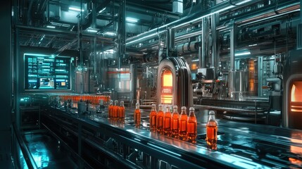 Poster - A futuristic bottling plant with automated machines precisely filling bottles with liquid.