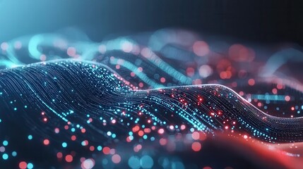 Poster - An abstract three dimensional cyber tunnel filled with a dynamic glowing pattern of luminous dots and particles creating a mesmerizing futuristic visual experience