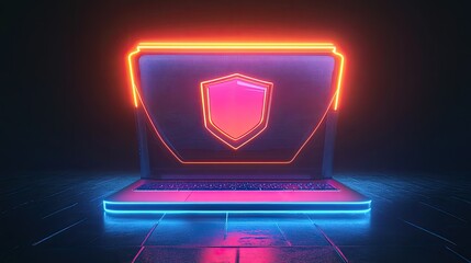 Poster - A futuristic cybersecurity concept with a glowing firewall shield above a laptop, representing protection against cyber threats
