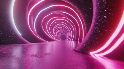 Poster - A mesmerizing luminous tunnel in a futuristic cyberpunk inspired space with swirling glowing lines and shapes creating a captivating dimensional illusion
