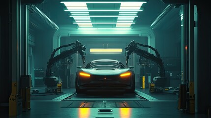 Poster - A futuristic factory where robotic arms precisely assemble a sleek new car under bright lights.
