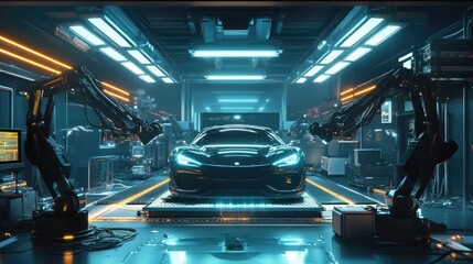 Poster - A futuristic factory where robotic arms precisely assemble a sleek new car under bright lights.