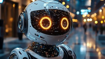 Poster - Futuristic robot with glowing eyes standing in a modern urban environment during nighttime