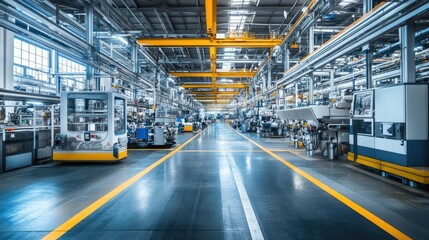 Poster - A futuristic industrial complex with heavy machinery and a well-lit manufacturing floor.