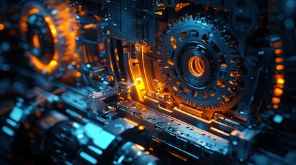 Poster - A futuristic mechanical system with exposed gears and cogs, illuminated by warm orange and cool blue lighting for a high-tech industrial feel