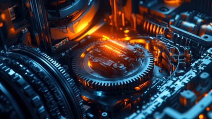 Poster - A futuristic mechanical system with exposed gears and cogs, illuminated by warm orange and cool blue lighting for a high-tech industrial feel