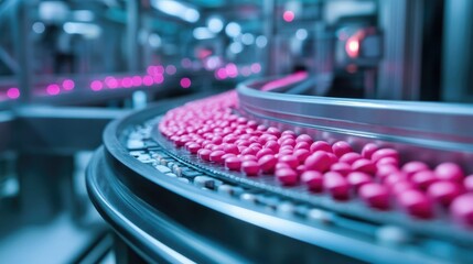Poster - A futuristic pharmaceutical production line with pink pills transported on a conveyor system.