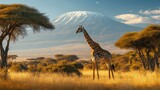 A giraffe stands tall against Mount Kilimanjaro, framed by acacia trees and golden savanna grasses.