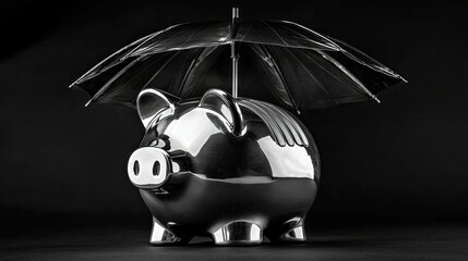 Poster - A glossy piggy bank is shielded by an open umbrella, representing smart financial planning, security, and economic stability