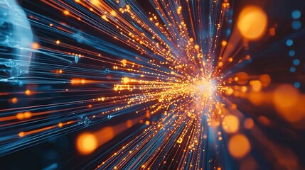Poster - A spectacular digital abstract showcasing an explosion of vibrant luminous energy bursts and dynamic shimmering lights against a dark background