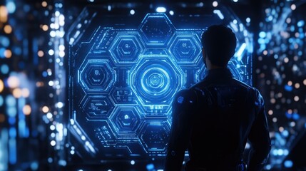 Poster - A glowing, high-tech interface of blue hexagons and circuit patterns, blending abstract design with futuristic innovation