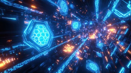 Poster - A glowing, high-tech interface of blue hexagons and circuit patterns, blending abstract design with futuristic innovation
