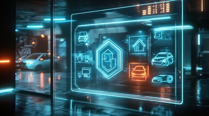 Poster - A glowing holographic interface displaying insurance symbols for home, vehicle, and life protection in a futuristic digital concept -