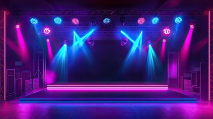 Poster - A high-energy concert stage with glowing neon lights and a dramatic matte black backdrop.