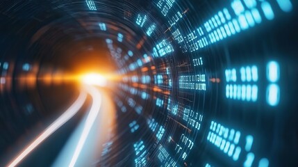 Fototapete - A futuristic glowing digital tunnel representing the rapid transfer and visualization of vast amounts of high tech data and information through an advanced transportation network