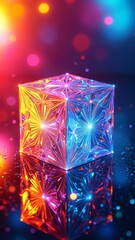 Poster - Colorful geometric cube with intricate patterns and reflections on a vibrant background showcasing light effects and dynamic energy in an abstract artistic composition
