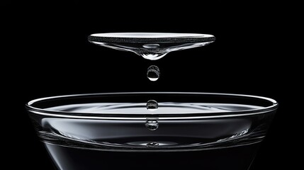 Poster - A high-speed shot of a water droplet falling from a sleek metal faucet into a full glass, representing purity and sustainability