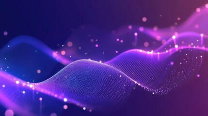 Poster - A high-tech abstract network with illuminated nodes and smooth digital waves on a purple-blue gradient background, symbolizing innovation