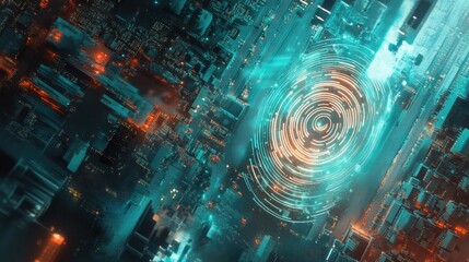 Aufkleber - A high-tech digital fingerprint glowing over an intricate electronic circuit board in a cyber environment.