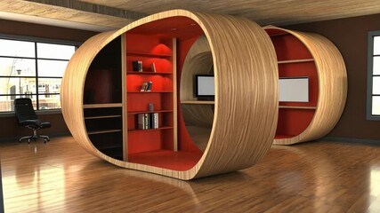 Poster - Unique modern office design featuring innovative wooden workspaces with vibrant red accents